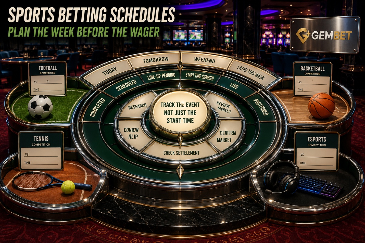 Sports betting schedules organised by event time, competition, status and research deadline