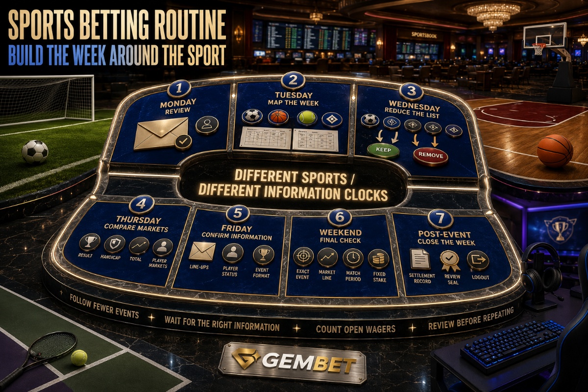 Sports betting routine for organising football, basketball, tennis and esports across one week
