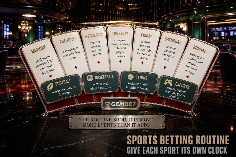 Sports Betting in Gembet: Build a Weekly Routine for Major Sports Sports betting routine showing different research tasks for football, basketball, tennis and esports