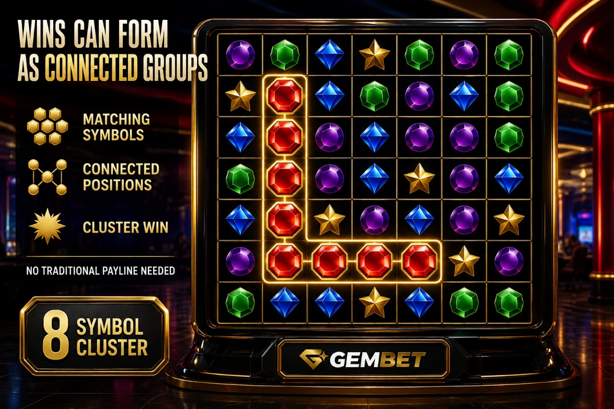 Cluster pays slots showing connected winning symbols on a casino grid
