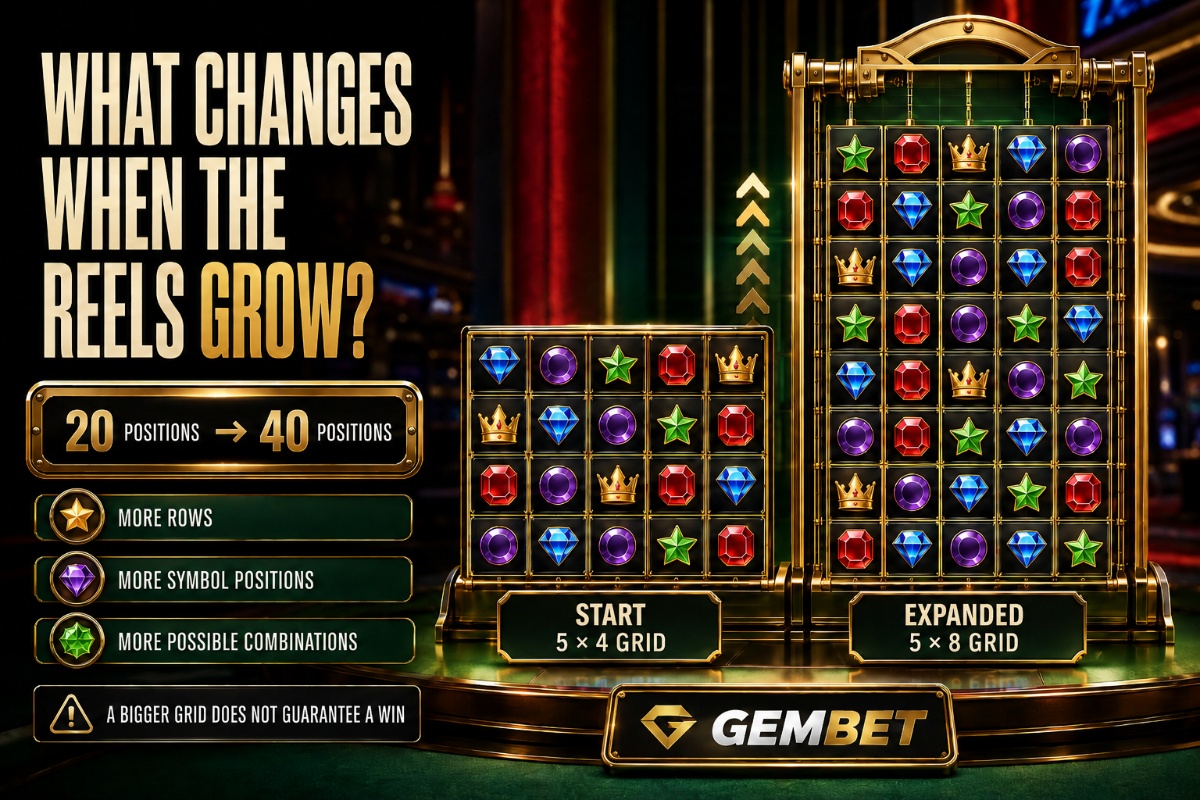 Expanding reels slots showing a casino grid growing from five rows to eight rows