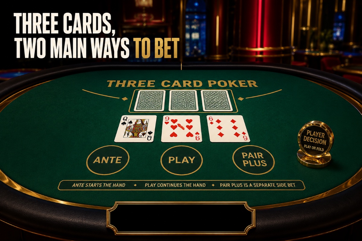 Three card poker table showing Ante Play and Pair Plus betting areas