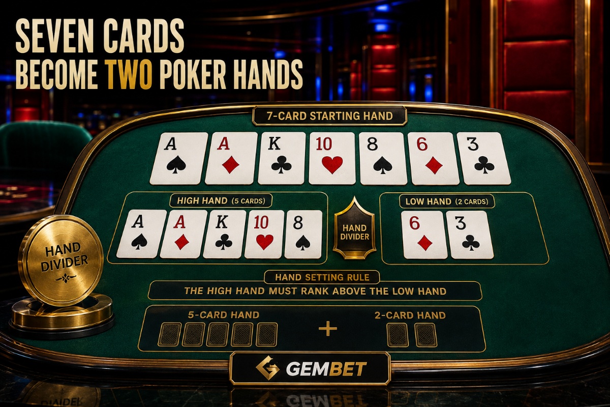 Pai gow poker showing seven cards split into high and low hands