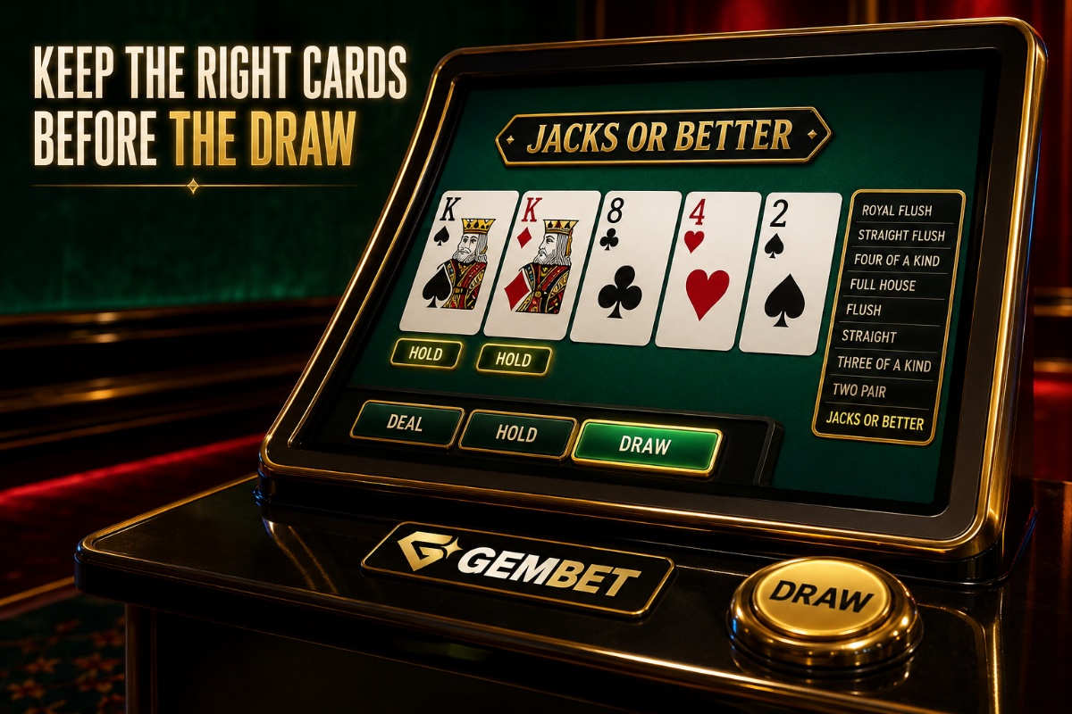 Jacks or Better video poker showing five cards and hold or draw decisions