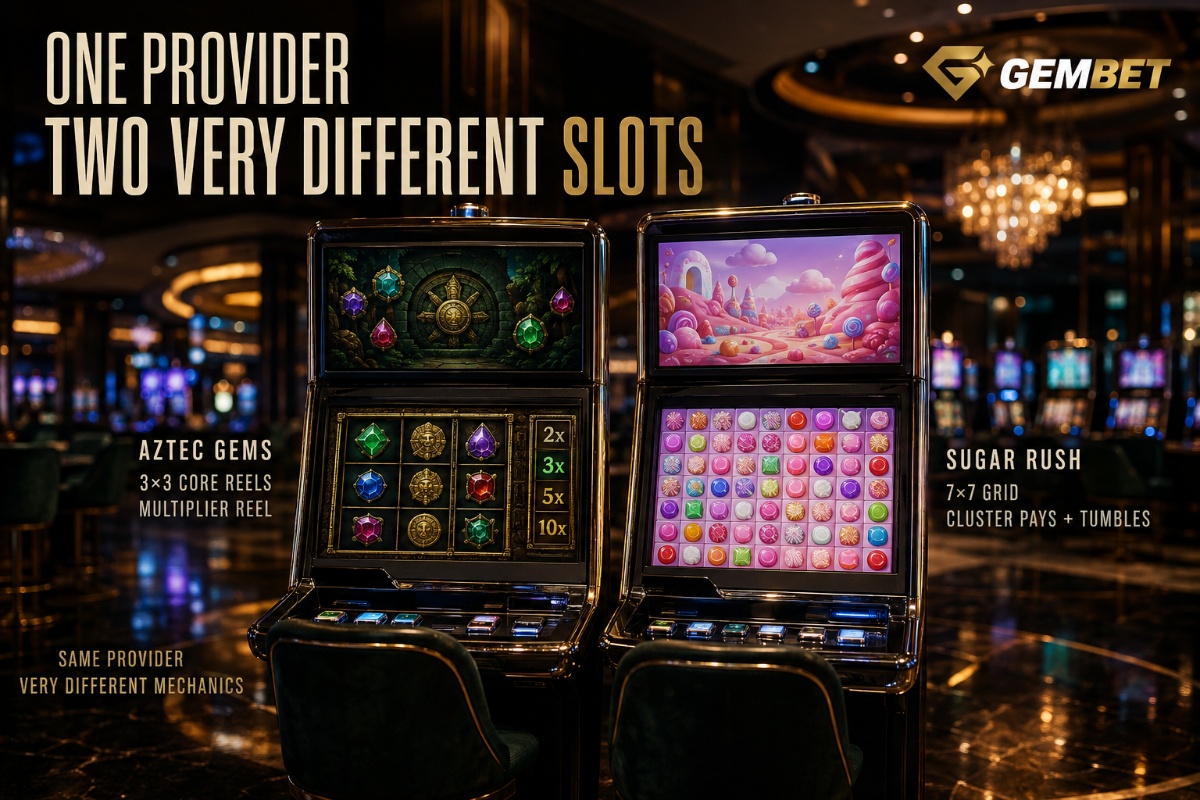 Pragmatic Play slots comparison featuring Aztec Gems and Sugar Rush mechanics in a premium casino setting
