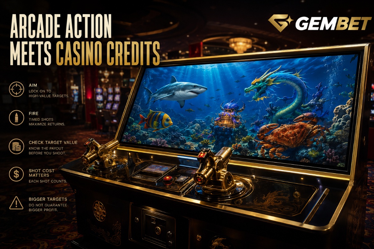 Fish shooting games showing a hyper-realistic underwater arcade with cannons, sharks, crabs and fantasy sea targets