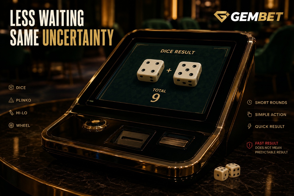 Instant win games on Gembet with Dice, Plinko and Hi-Lo formats in a premium casino setting