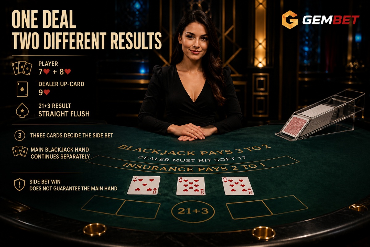 21+3 blackjack live table showing a straight flush formed from two player cards and the dealer up-card