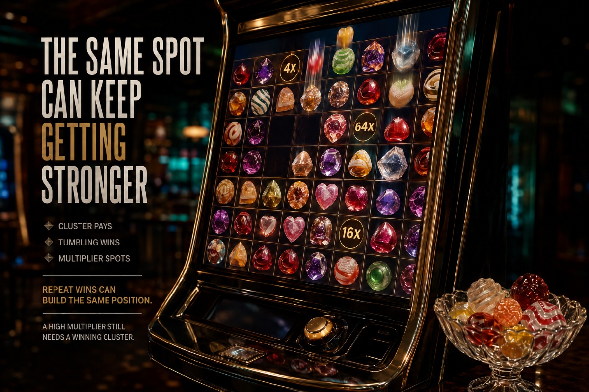 Sugar Rush 1000 slot concept showing candy clusters, tumbling symbols and progressive multiplier spots