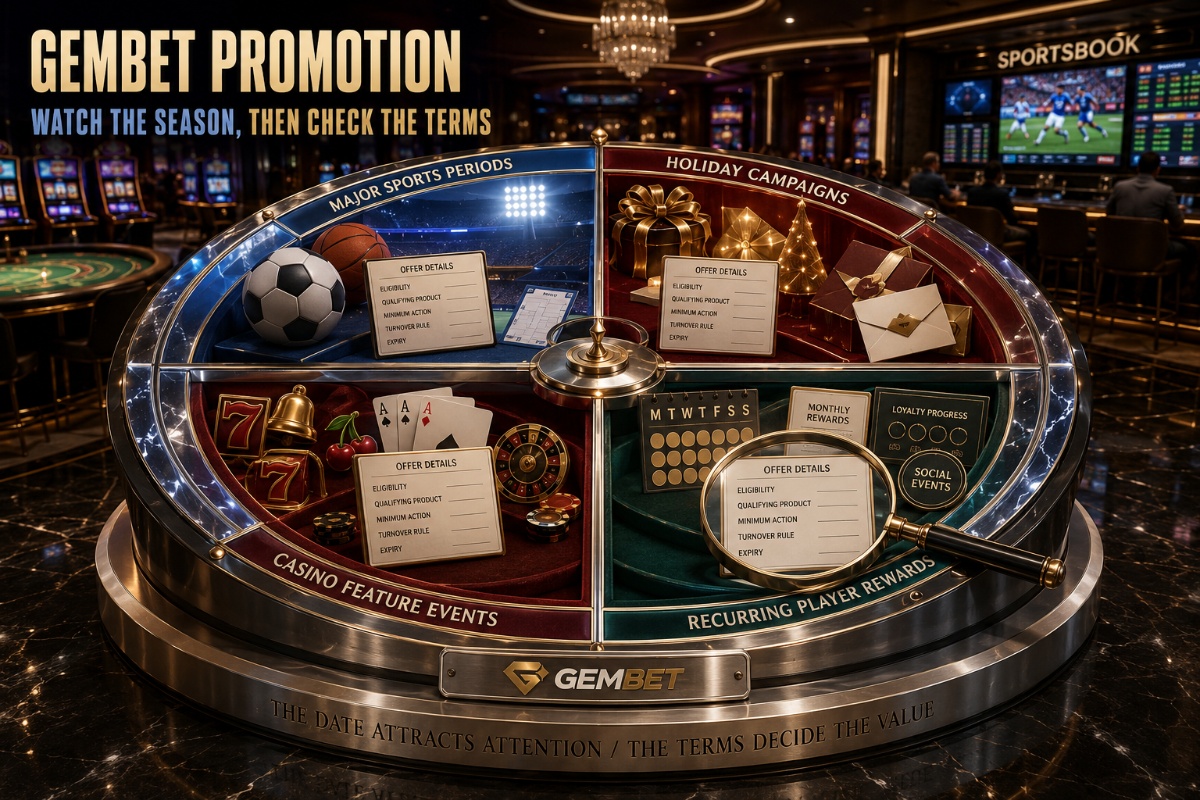 Gembet promotion calendar showing seasonal casino, sportsbook, tournament and holiday offer periods
