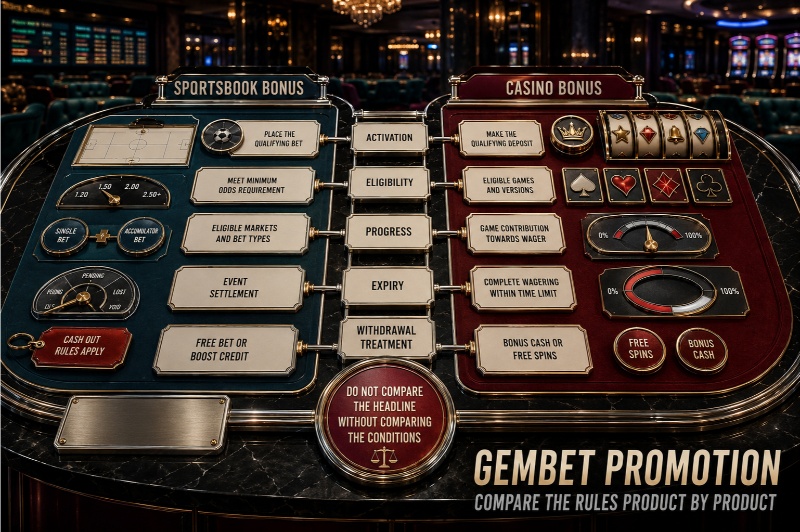 Gembet promotion comparison between sportsbook and casino bonus requirements