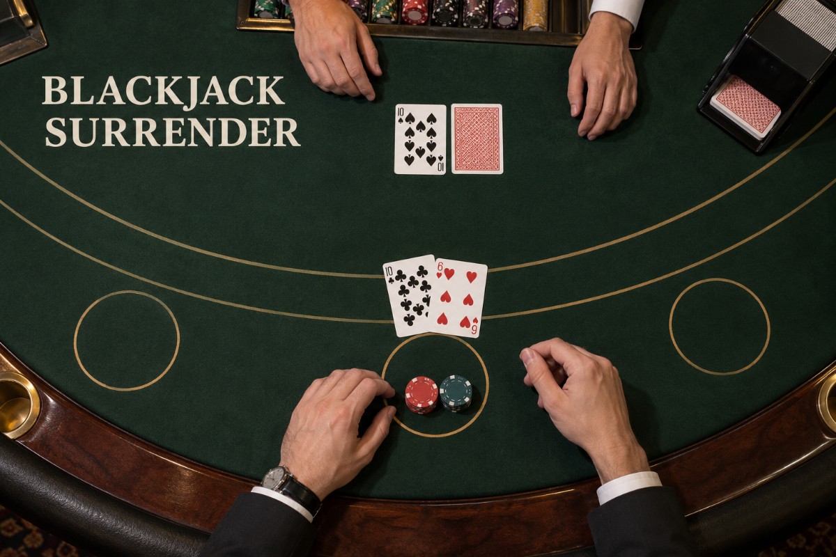 Blackjack surrender decision shown from an overhead casino-table view with a hard 16 facing a dealer 10