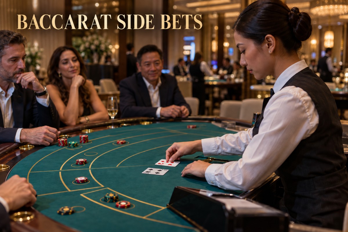 Baccarat side bets at a realistic live table with pair wager chips beside the Player and Banker areas