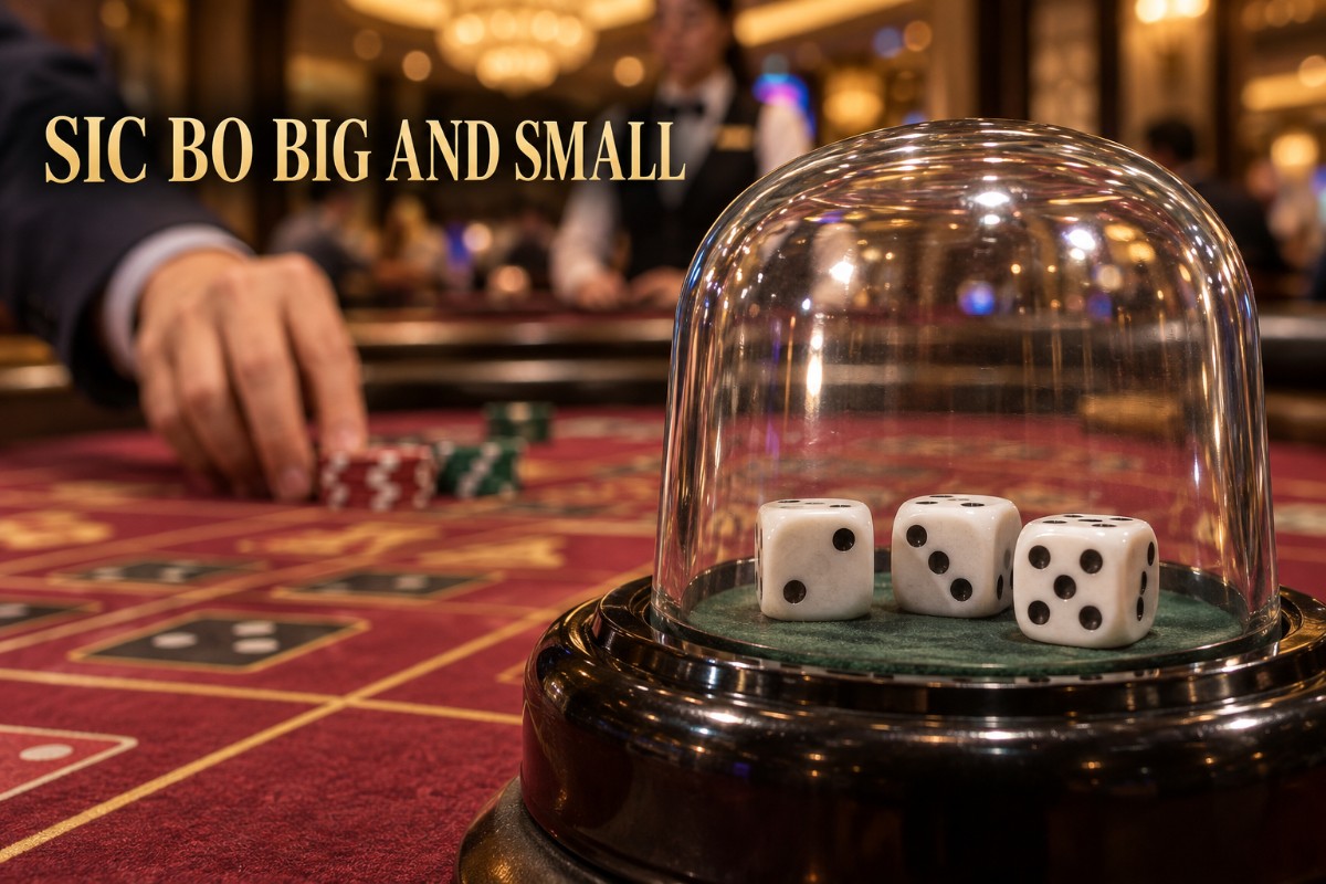 Sic Bo Big and Small shown at a realistic live casino dice table with three dice inside a transparent shaker