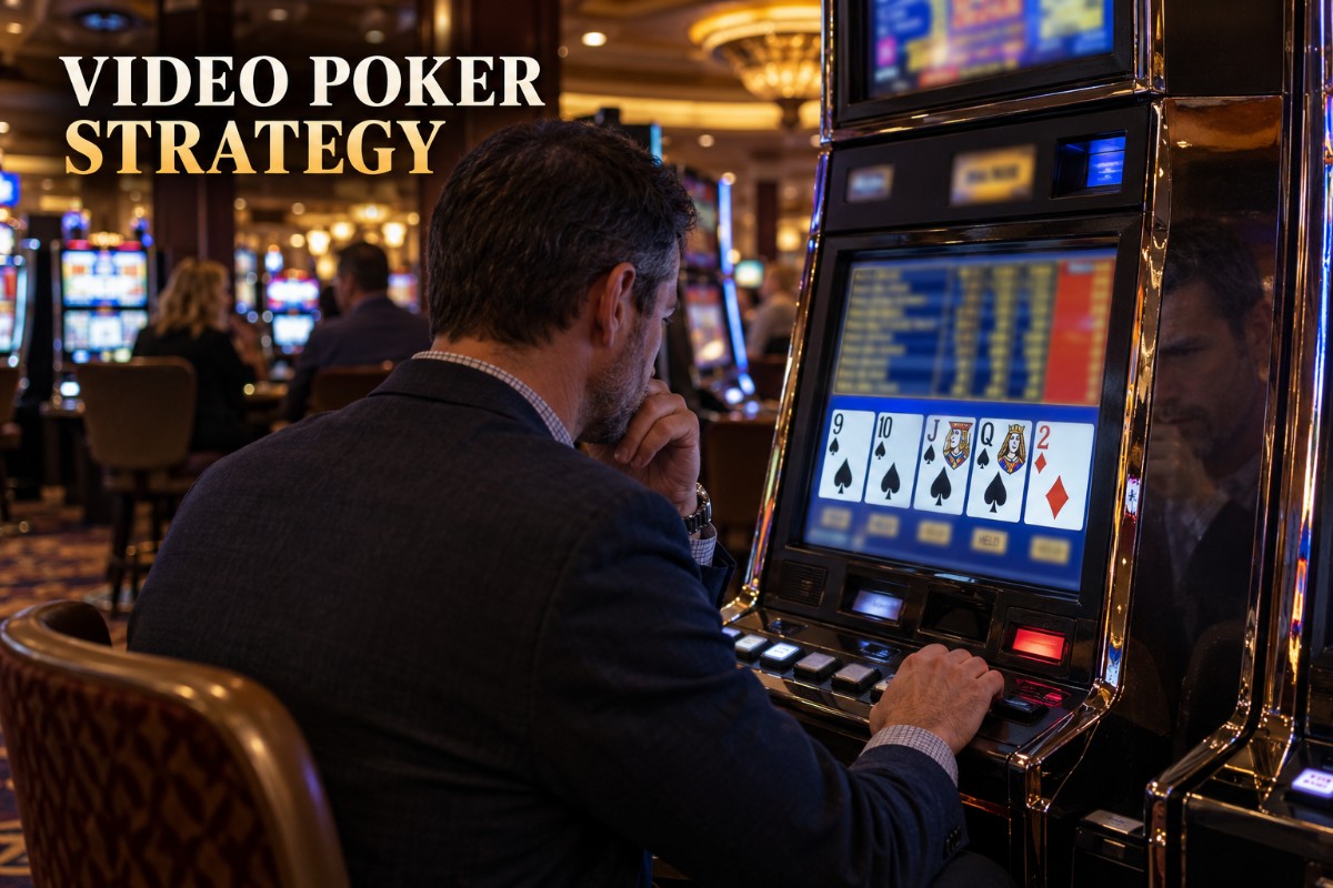 Video poker strategy shown on a realistic casino machine as a player studies which cards to hold before drawing