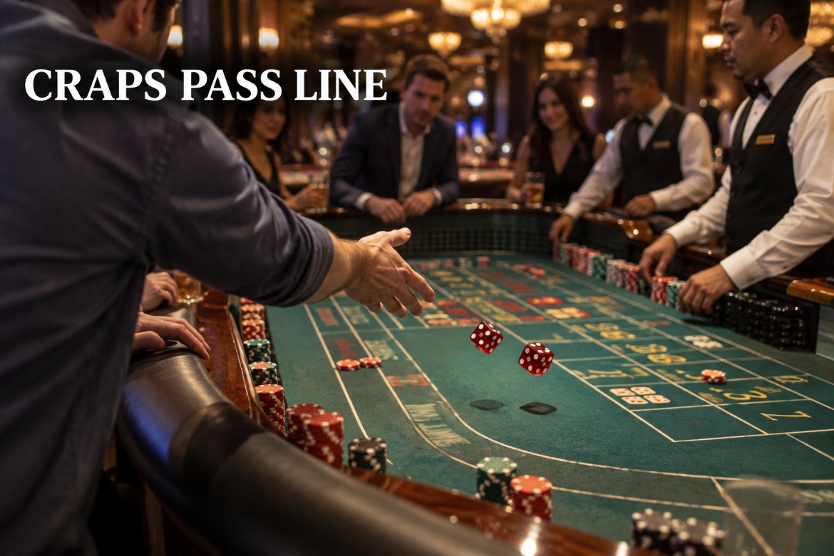 Craps pass line at a realistic casino dice table as a player throws two dice across the felt