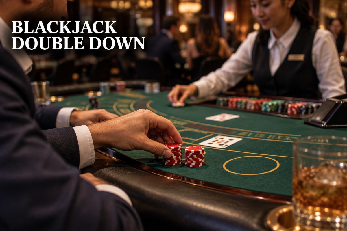 Blackjack double down decision at a realistic live casino table as a player adds a second matching chip stack