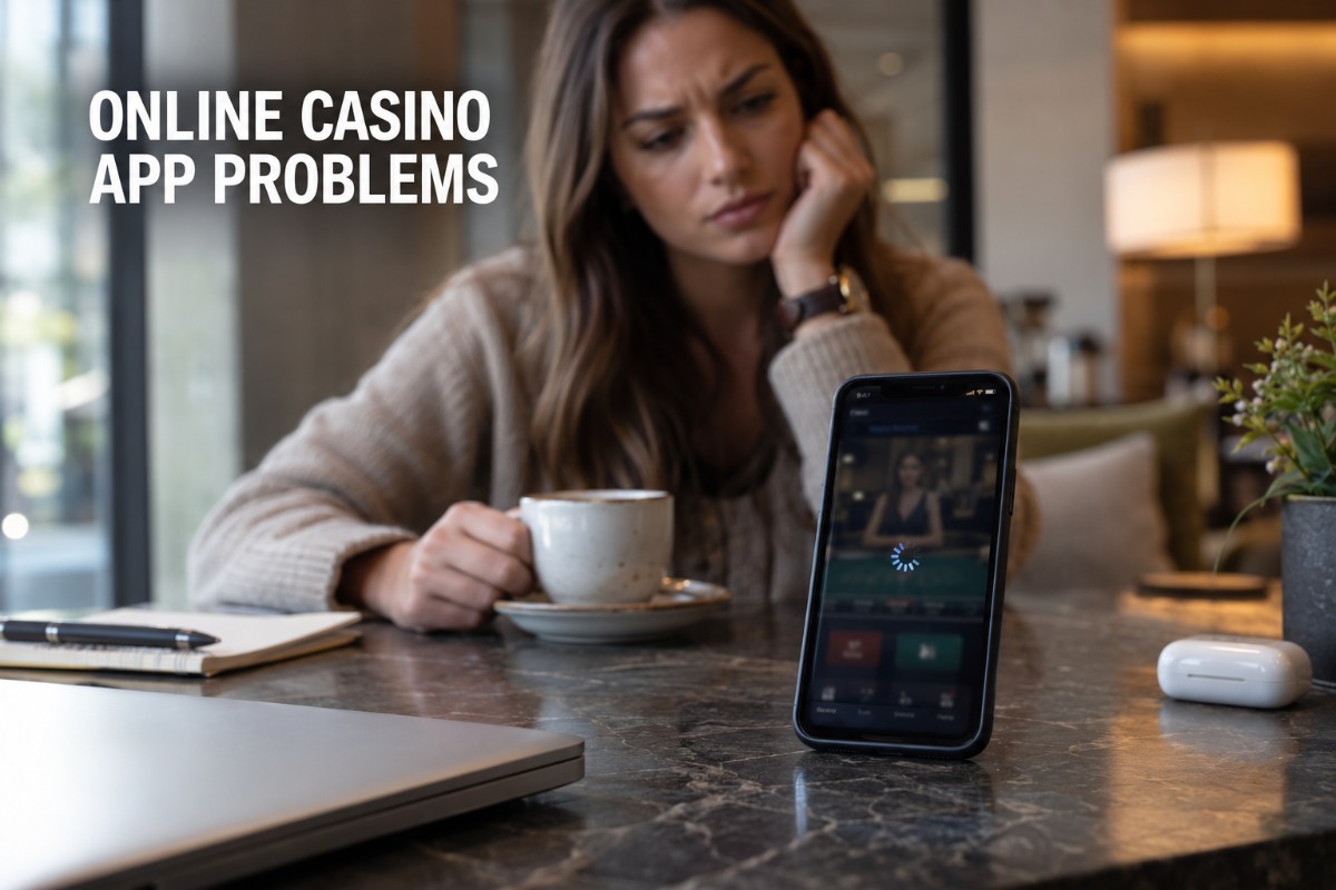 Online casino app problems shown on a smartphone with a frozen game screen while a player checks the connection