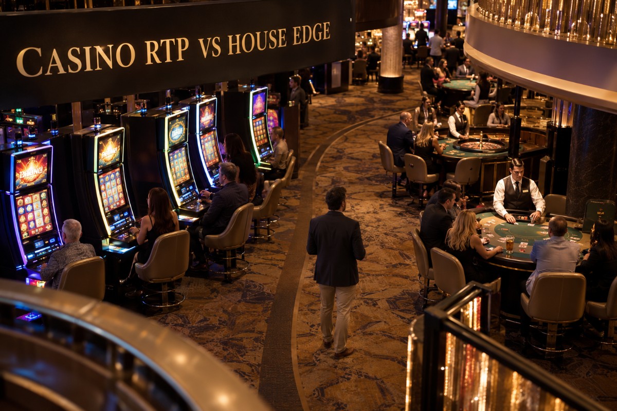 Casino RTP vs house edge comparison in a realistic casino with slot machines and live table games visible
