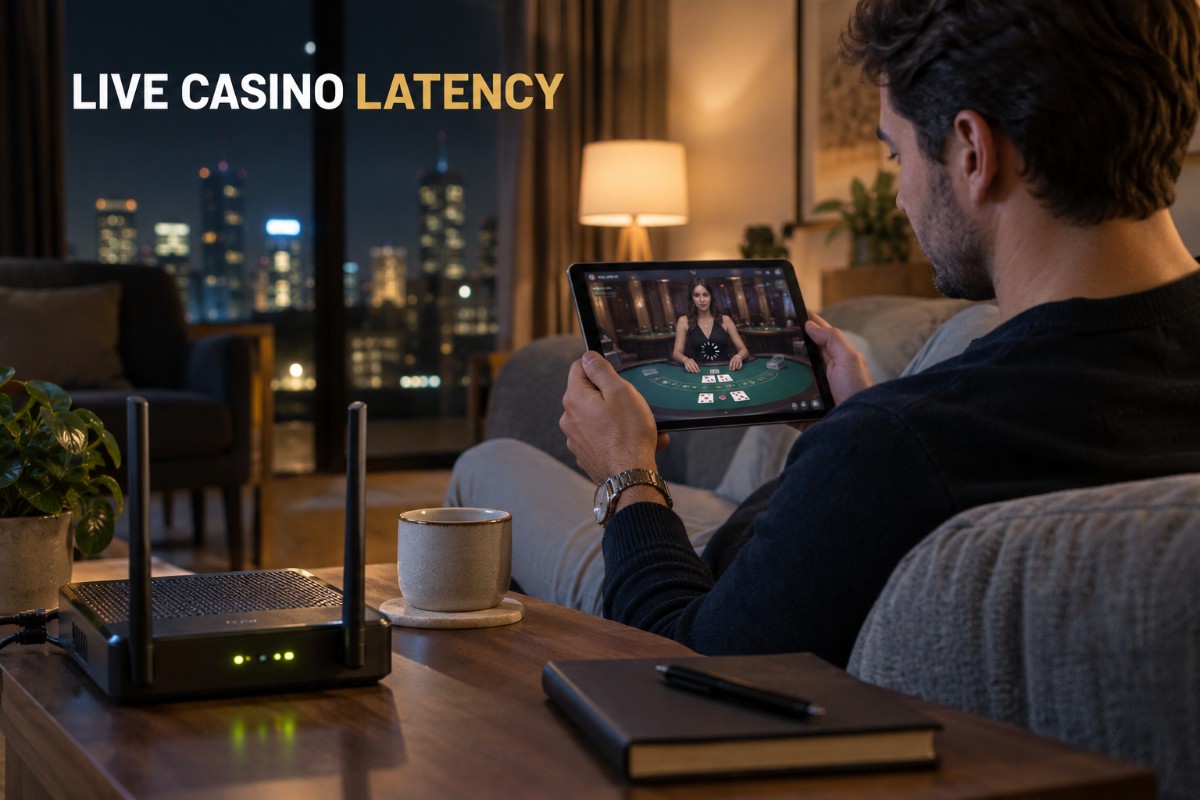 Live casino latency shown during a real dealer stream with a player checking network performance and betting timing