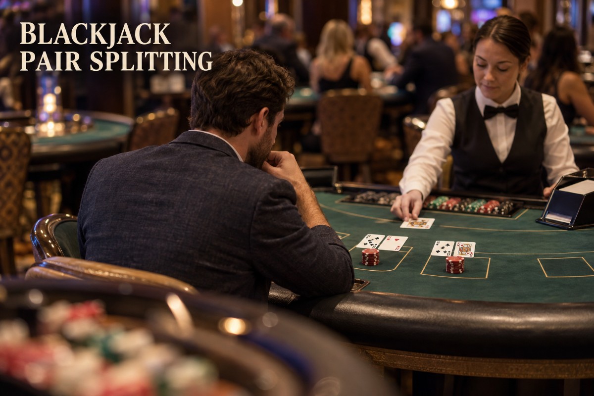 Blackjack pair splitting shown at a realistic casino table with two separated blackjack hands and matching wagers